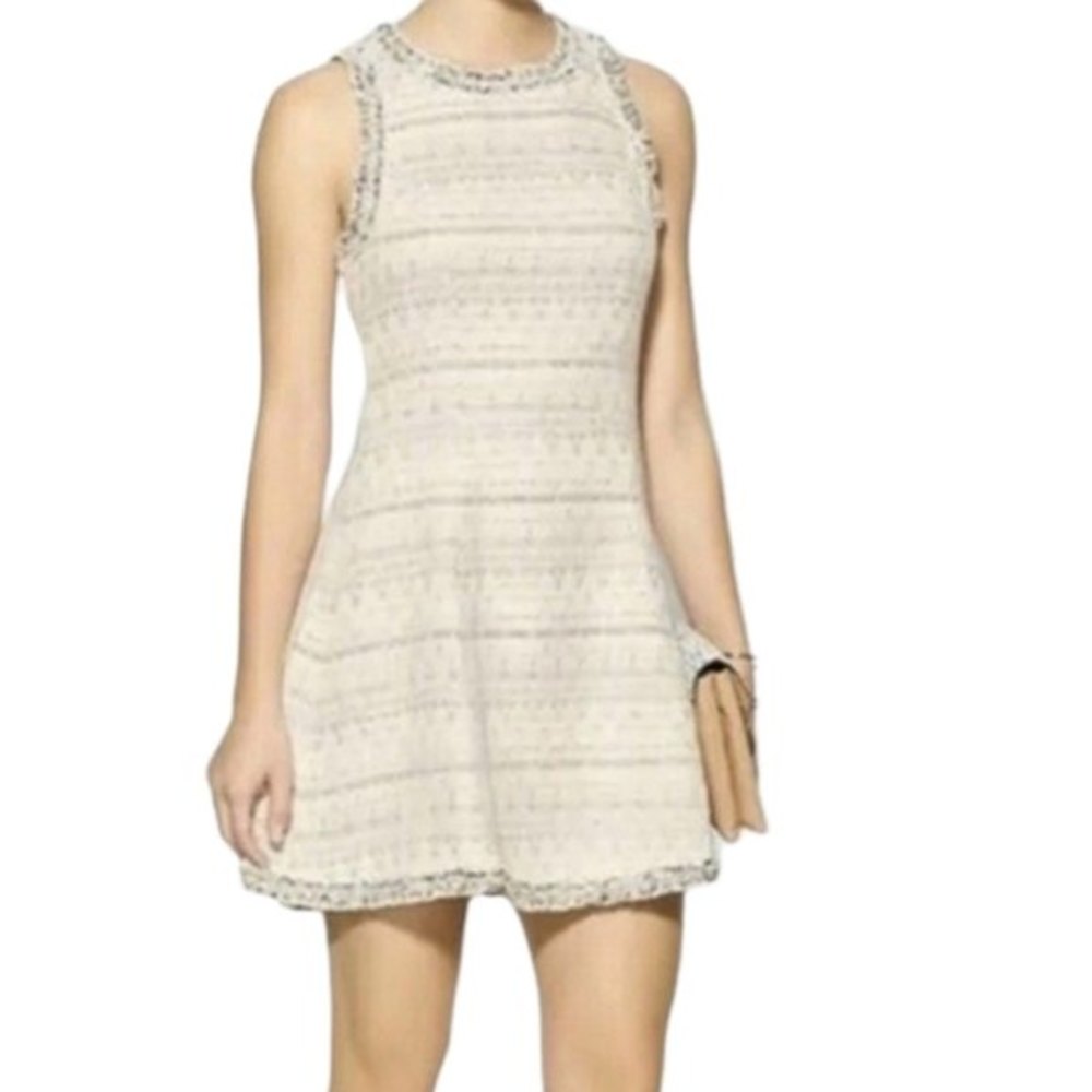 Adelyn Rae Ivory Black Tweed Fit & Flare Mini Dress M Sleeveless Frings Trim
